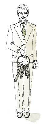 Illustration av man med nycklar från fastighetsbolaget Hufvudstaden. 