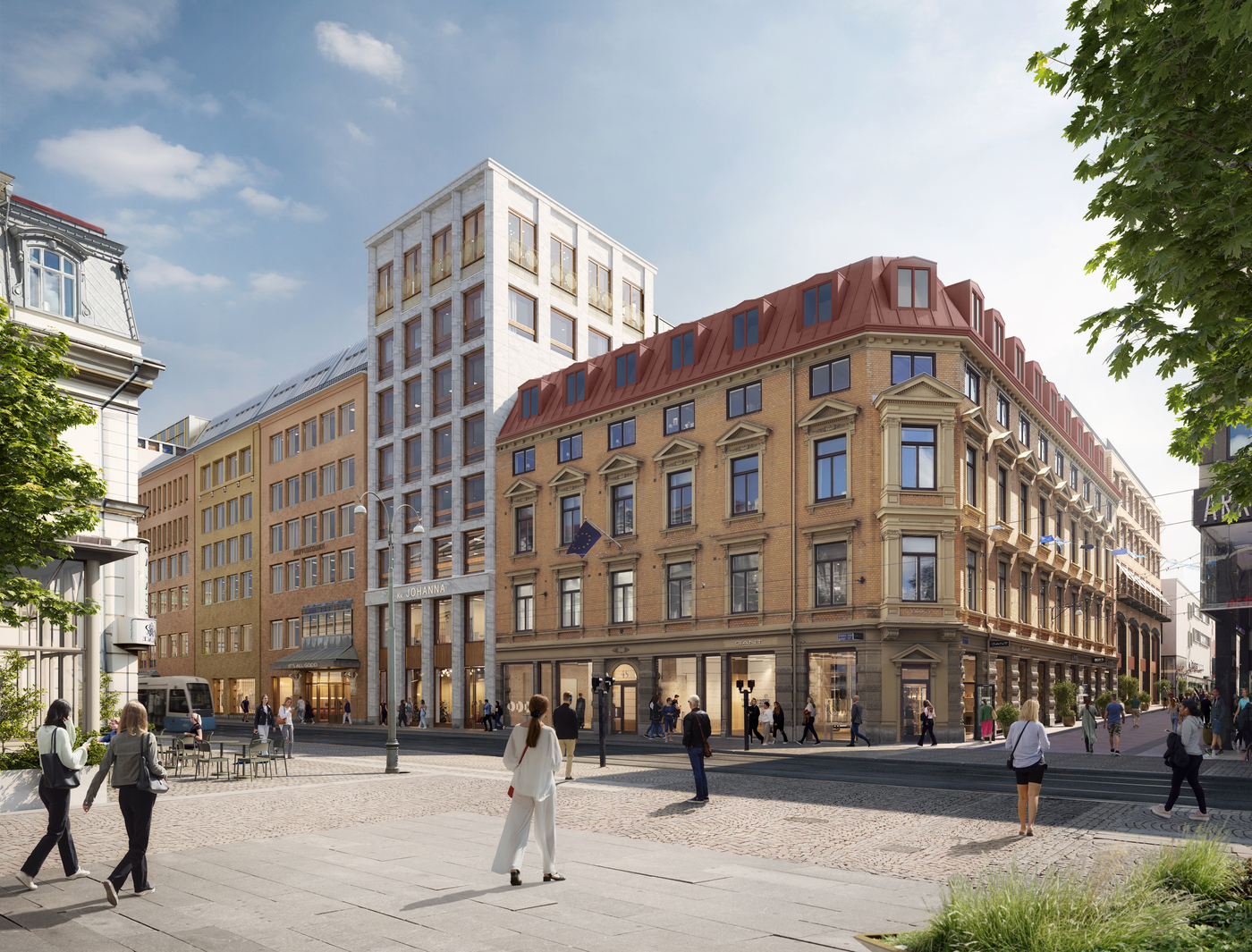 Korsningen Fredsgatan och Södra Hamngatan: Den nya byggnaden som uppförs på Johanna-tomten får ett eget uttryck, klädd i ljus natursten, vilket tydliggör att det är en av kvarterets två huvudentréer. 