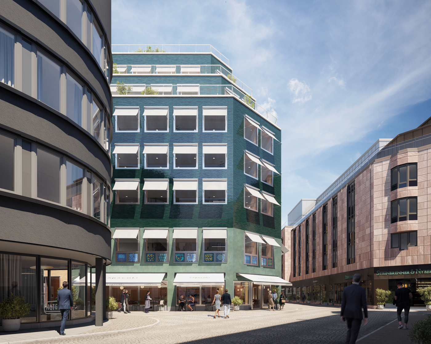 Korsningen Östra Larmgatan och Drottninggatan: Fasaden i denna korsning kommer att kläs i grönt glaserat tegel vilket kommer att reflektera ner himmelsljuset i korsningen.