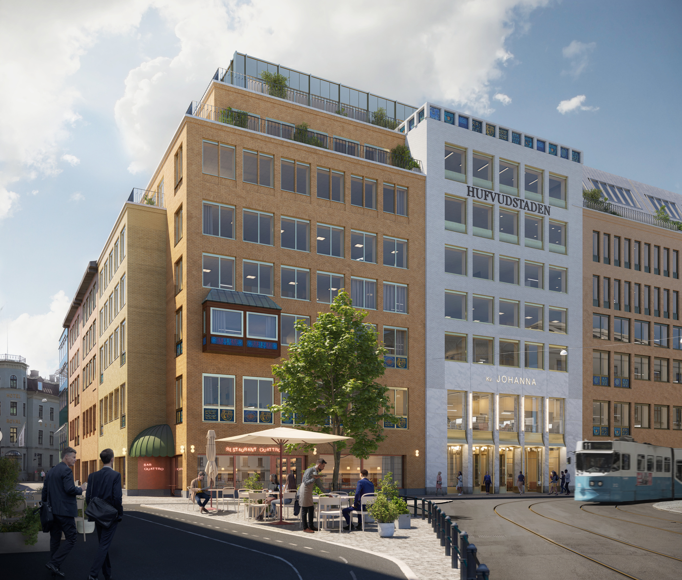 Korsningen Östra Larmgatan och Södra Hamngatan: Denna byggnad ritad av arkitekt Johannes Olivegren kommer i grunden att bevaras men byggas på med två till fyra våningar och delar av fasaden får ny beklädnad. En av de största förändringarna i projektet är att små fönster kommer ersättas med större som släpper in mer ljus och gör byggnaden öppnare mot Göteborg.